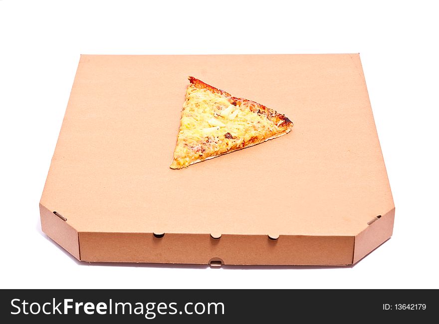 Piece of pizza on box isolated on white. Focus on pizza