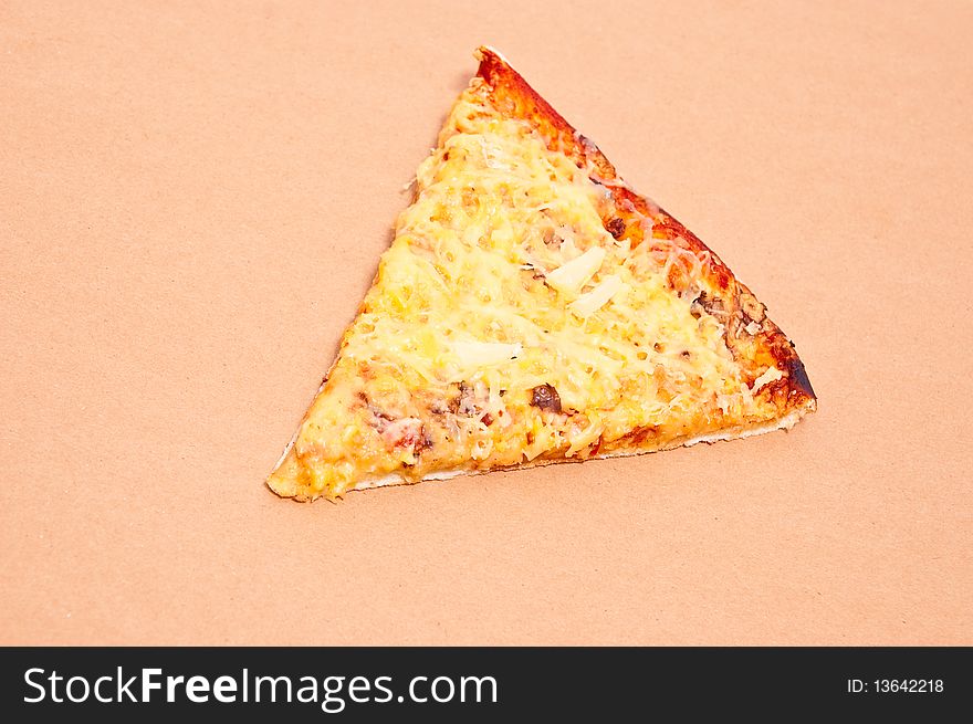 Piece of pizza on box isolated on white