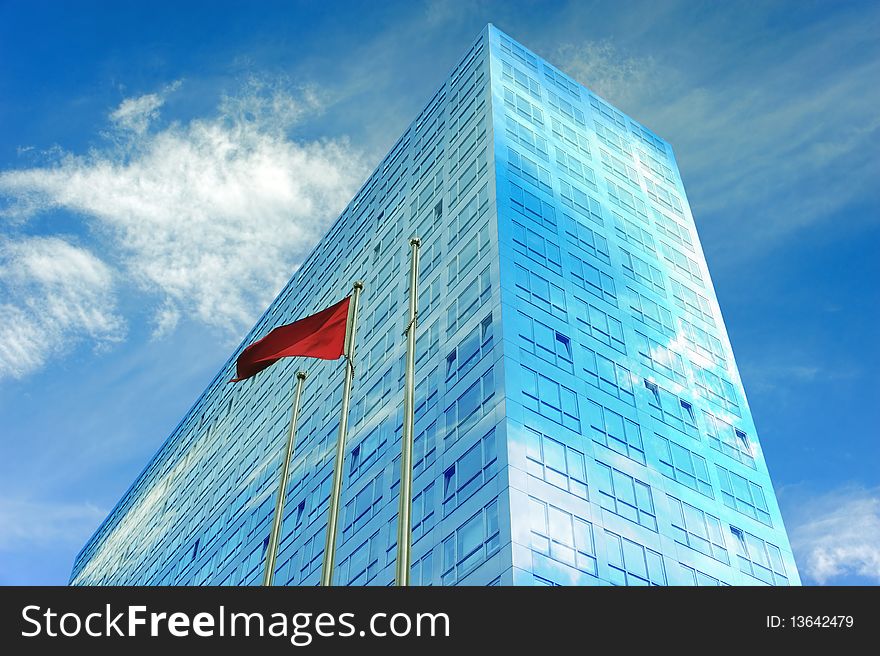 Modern building and red flag