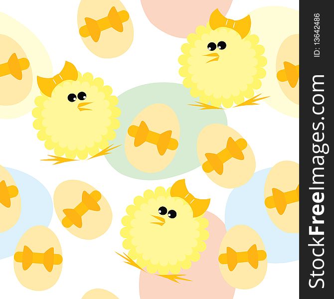 Easter seamless pattern with chickens and eggs. Vector illustration.