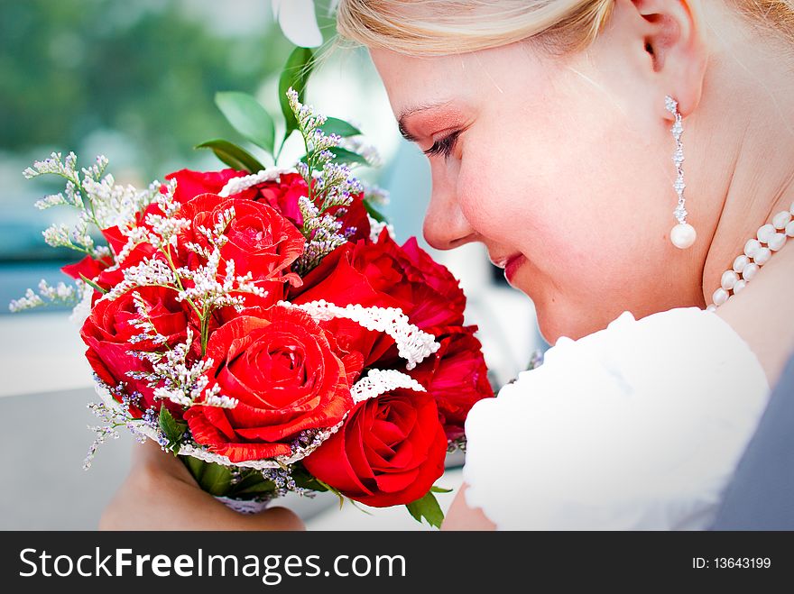 Beautiful Bride With Bouquet Smiling