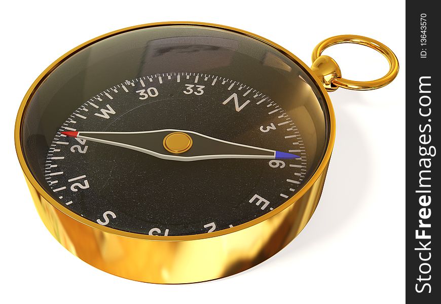 Gold vintage compass on white background isolated