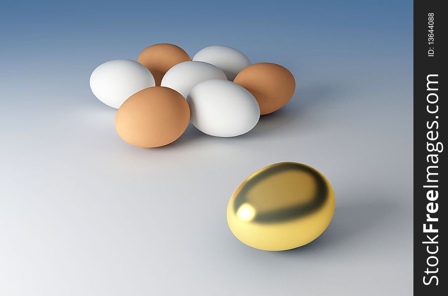 Some eggs one of one of which is golden. 3D illustration. Some eggs one of one of which is golden. 3D illustration.