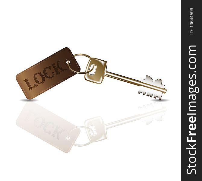 Illustration, metallic key with leather key ring