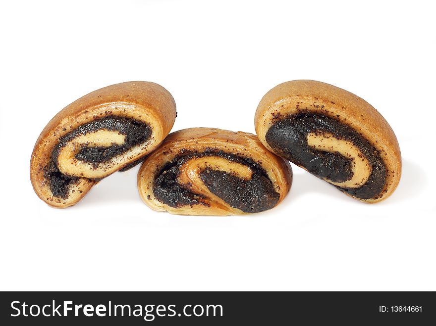 Buns with poppy seed on white background