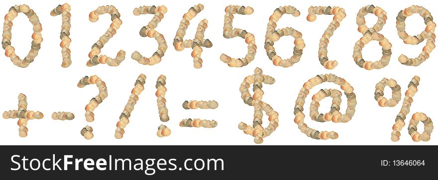 Handwritten with shells numbers and signs isolated. Handwritten with shells numbers and signs isolated
