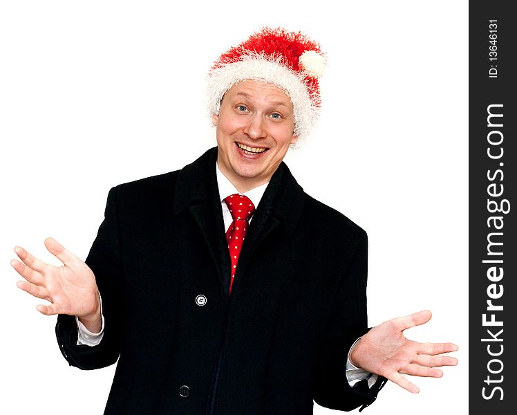 Man In Suit And Red Tie In Hat Santa