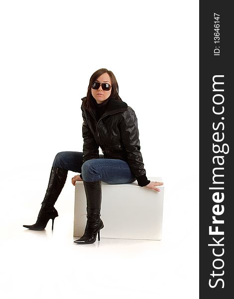 Photo of woman with leatherjacket and sunglasses. Photo of woman with leatherjacket and sunglasses