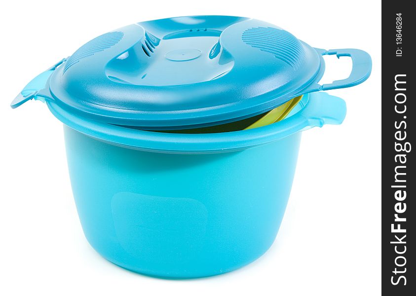 Blue plastic saucepan insulated on white background