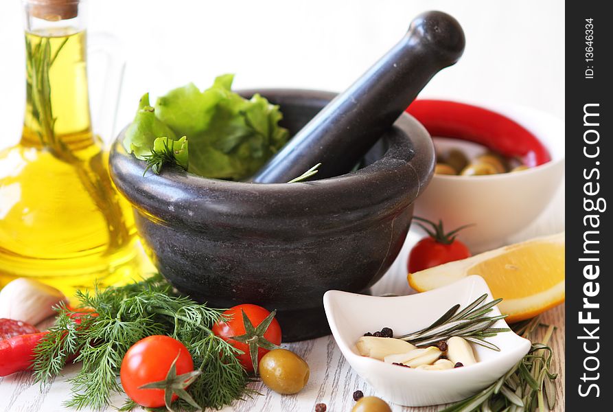 Vegetables still life with olive oil. Vegetables still life with olive oil