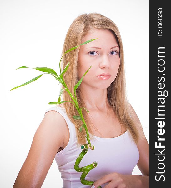 Girl wiht plant on a white background