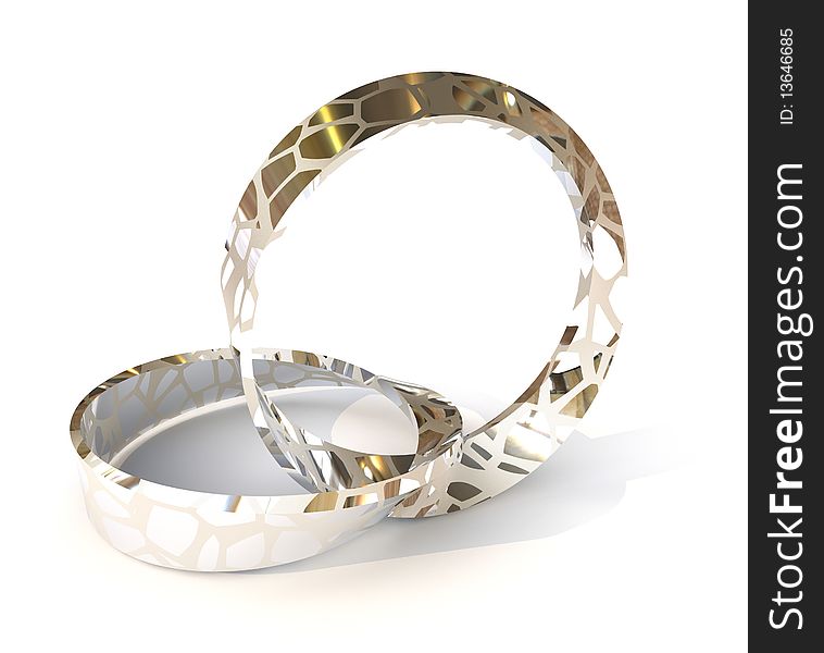 Two silver wedding rings twisted together showing signs of love