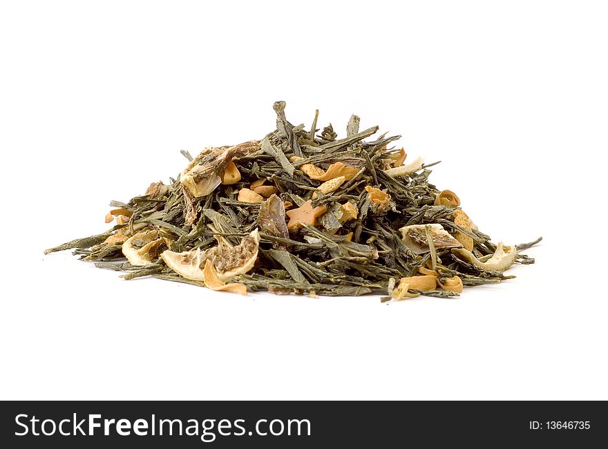 Green Tea with bits of lemon and chocolate on white background