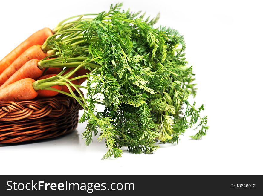 Heap of fresh carrots with leaves  in  basket
