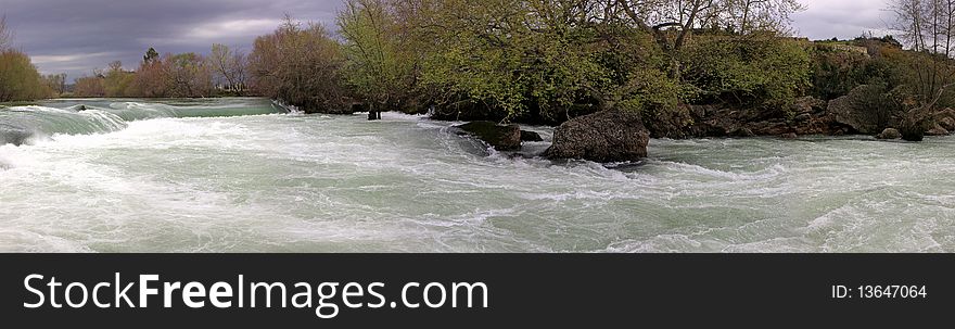 Panoramic view of Manavgat waterfall in early spring. Province Antalya, Turkey