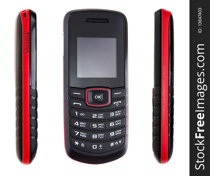 Three projections of modern slim mobile phone on white background