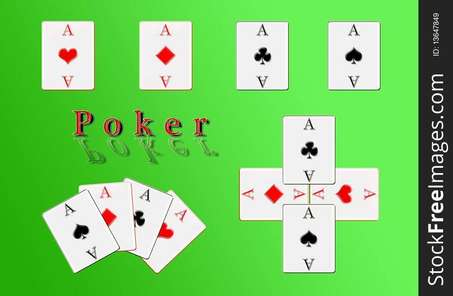 An image that shows the four aces of the poker game on a green carpet. An image that shows the four aces of the poker game on a green carpet