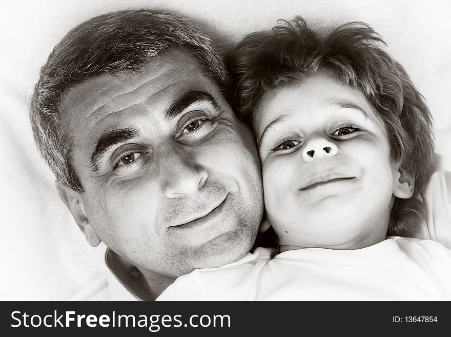 Happy family home: father and - black and white photo. Happy family home: father and - black and white photo