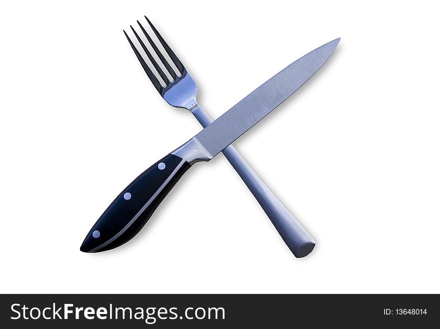 Knife and fork on white background