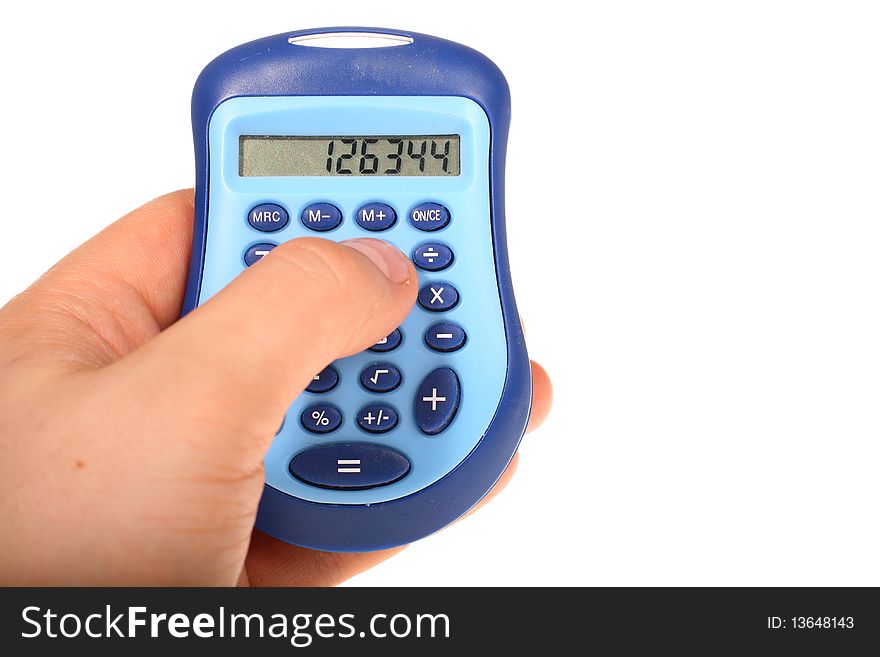 Calculator in hand isolated over white. Calculator in hand isolated over white.