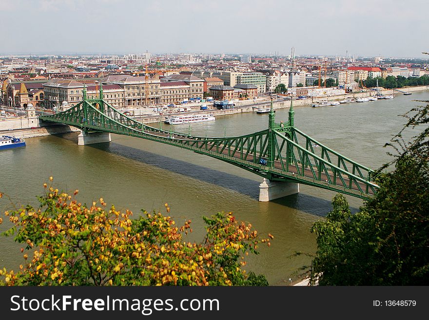 Aerial view of Budapest, bridge over Danube