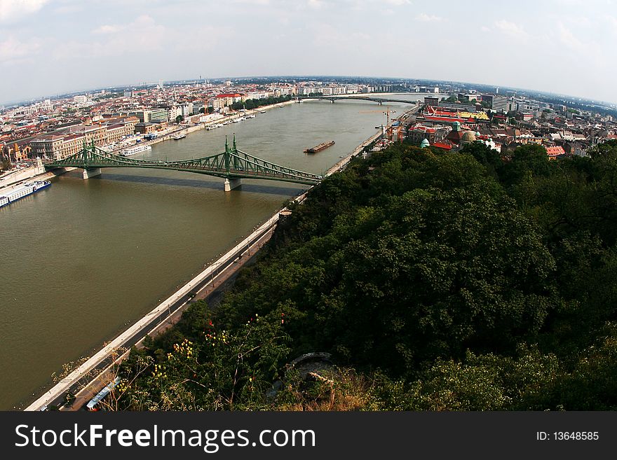 Aerial view of Budapest, bridge over Danube