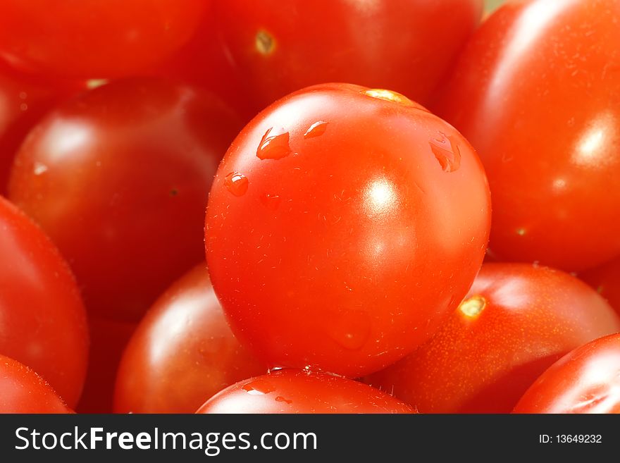 The close-up of red small tomatos