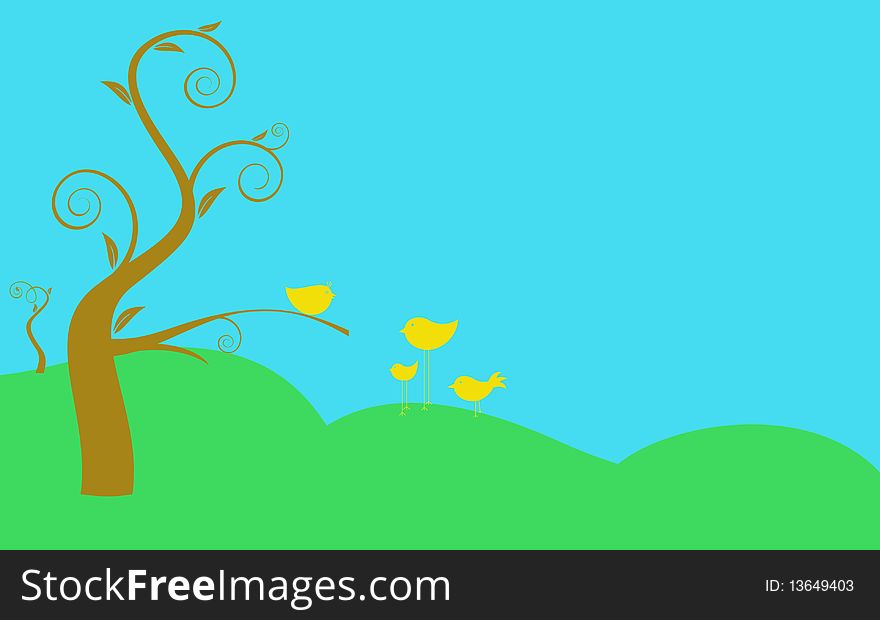Illustration of birds,trees with springtime scenery