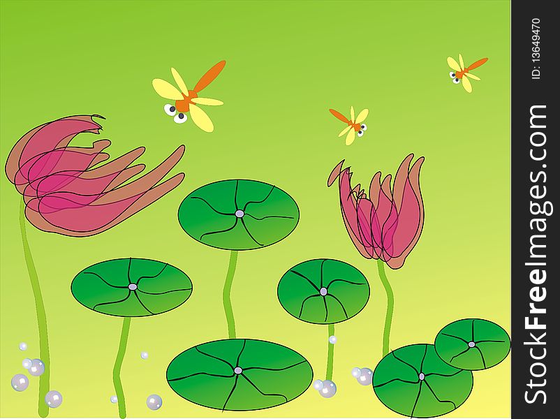 Water lily with dragonfly background illustration
