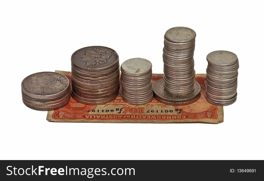 Old silver dollars and quarters