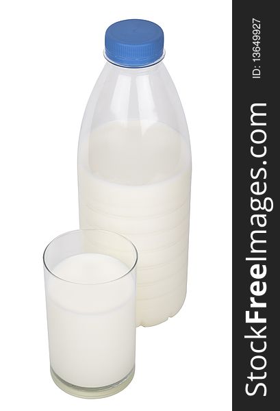 Glass and bottle of milk isolated on white background.