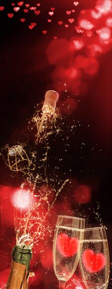 Sparkling Wine Squirts Out Of The Bottle, Hearts In The Glasses Stock Image