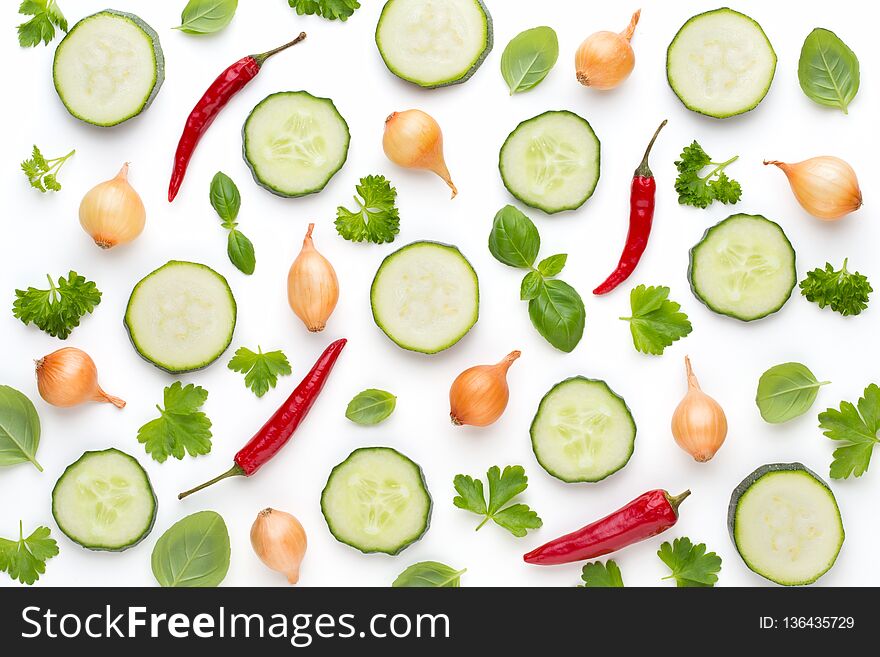 Vegetable And Spices Isolated On White Background, Top View. Wallpaper Abstract Composition Of Vegetables