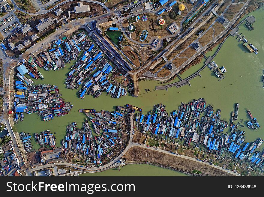Aerial photo shows boats at hongze lake fishing port in jiangsu province, China. Aerial photo shows boats at hongze lake fishing port in jiangsu province, China