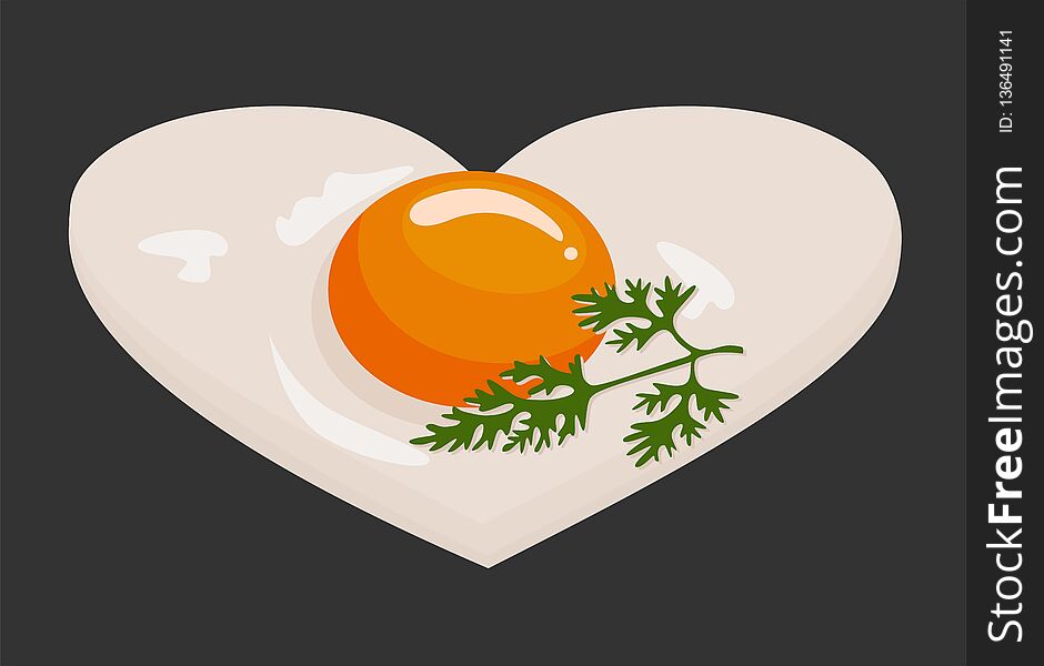 Fried eggs in the shape of a heart in a frying pan cooked for valentine day breakfast. Homemade food. Vector