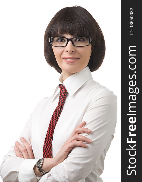 Portrait of smiling business woman in glasses, white shirt, on white background. Portrait of smiling business woman in glasses, white shirt, on white background.