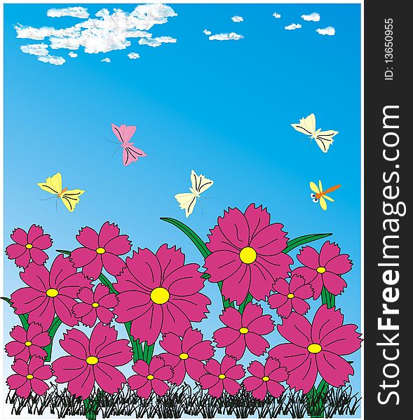 Pink flowers with butterfly background illustration