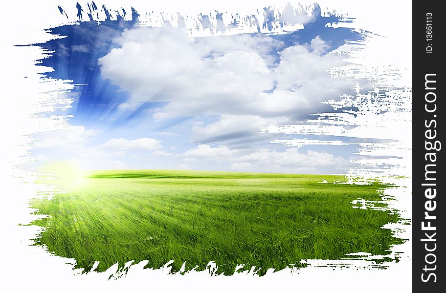 Green meadow under blue sky with clouds. Green meadow under blue sky with clouds