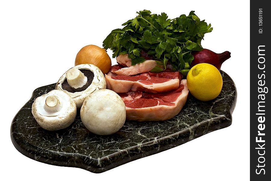Preparation for cooking of meat with mushrooms, lemon and onion. Preparation for cooking of meat with mushrooms, lemon and onion