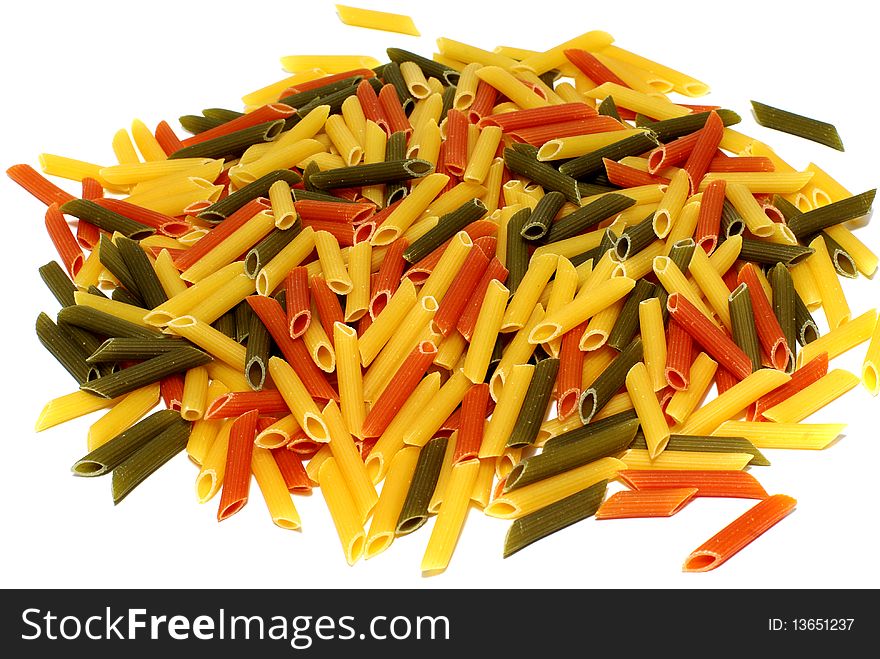 Three colour penne italian pasta on white background