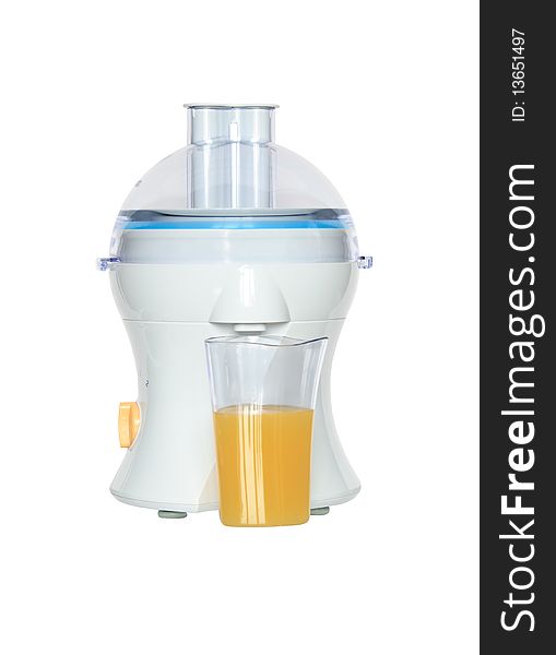Modern electric juicer and glass of orange juice isolated on white background with clipping path. Modern electric juicer and glass of orange juice isolated on white background with clipping path