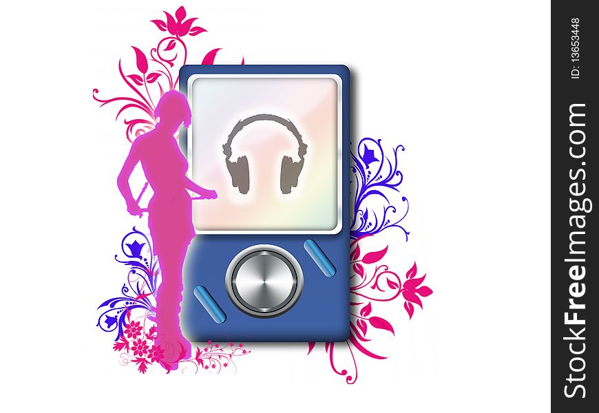 Mp3 player on the color background with silhouette of young girl