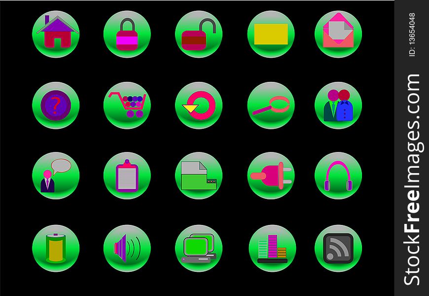 Various colorful web and internet icons on green buttons