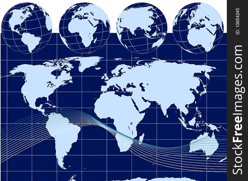 Illustration of globes with world map showing views of america, africa,europe and asia