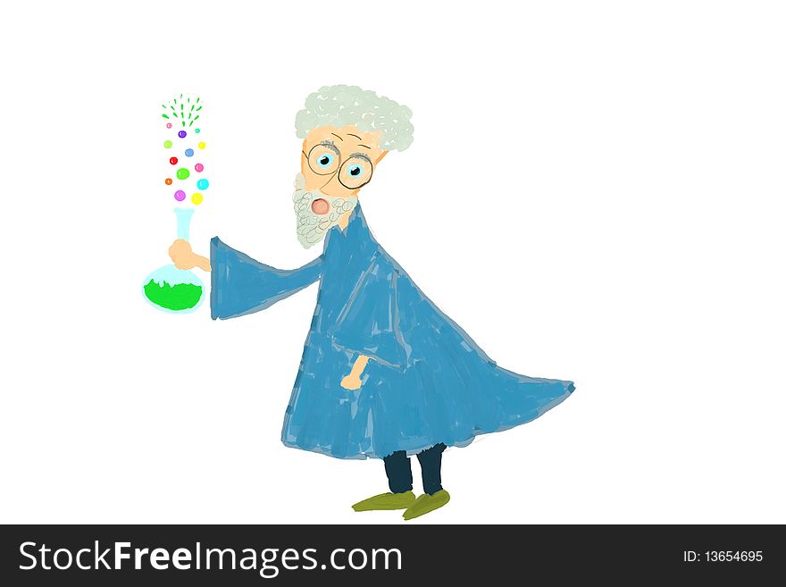 Crazy scientist or professor holding laboratory flask with chemical substance producing colorful bubbles. Funny illustration