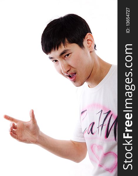 The Asian guy the dancer poses in a white vest on a white background