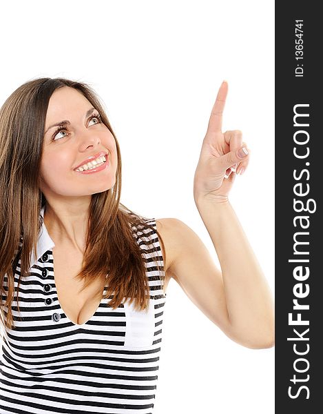 Happy Young Woman Pointing At Copy Space