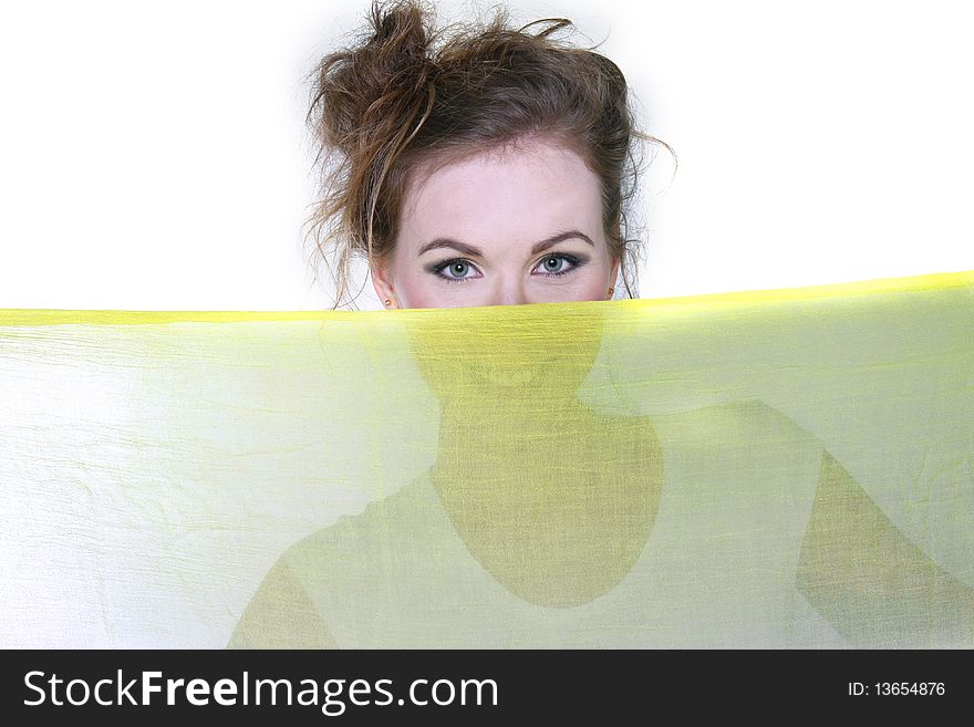 Happy girl with yellow scarf over white