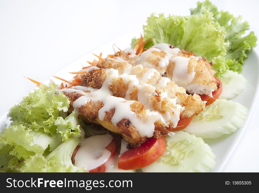 Thai food style, Fish fried with salad cream topping. Thai food style, Fish fried with salad cream topping