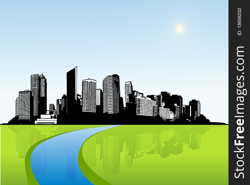 City with green reflection. Vector art